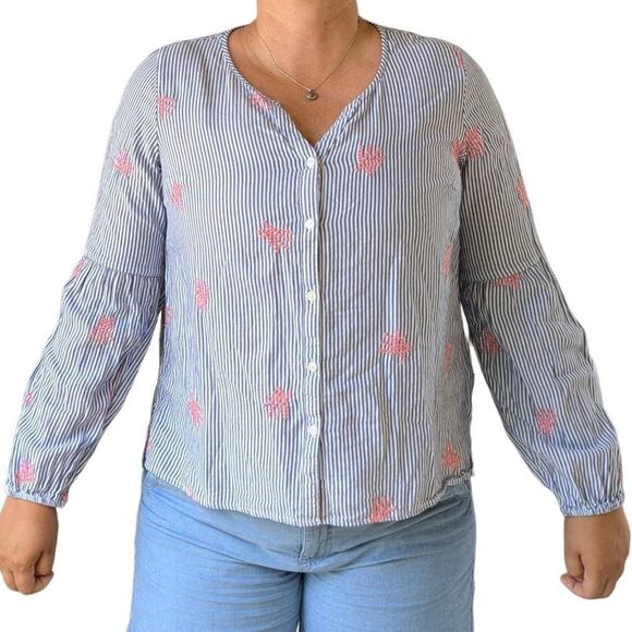 Crown & Ivy Light Blue White Striped Button Down Blouse Coral Embroidered Size M - Picture 2 of 6